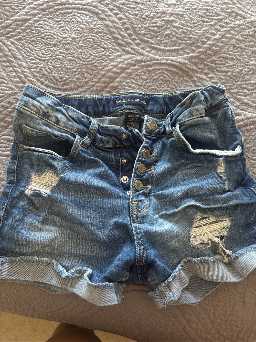 Vanilla Star Distressed Medium Blue Button-Fly Denim Shorts